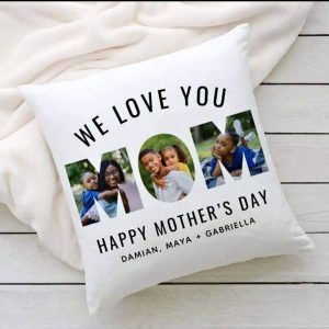 a white pillow with a photo of a mom and children