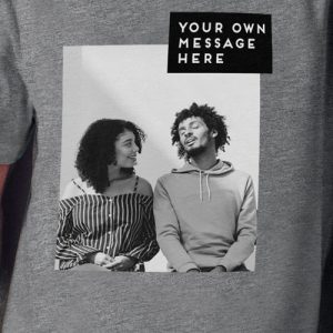 a man and woman on a grey shirt