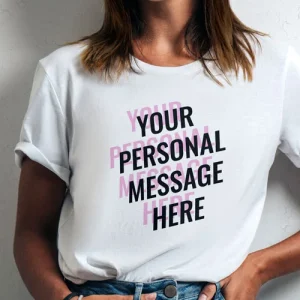 a woman wearing a white shirt with black text